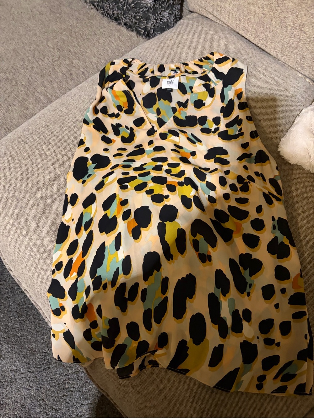 CAbi Multicolor Leopard-Print Sleeveless Blouse in Beige, Black, Yellow, Teal